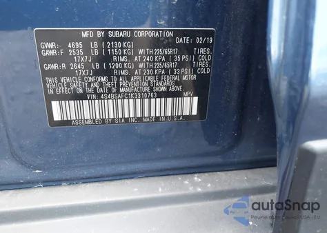 2019 Subaru Outback 2.5I Premium из США, поврежденный, VIN 4S4BSAFC1K3310763